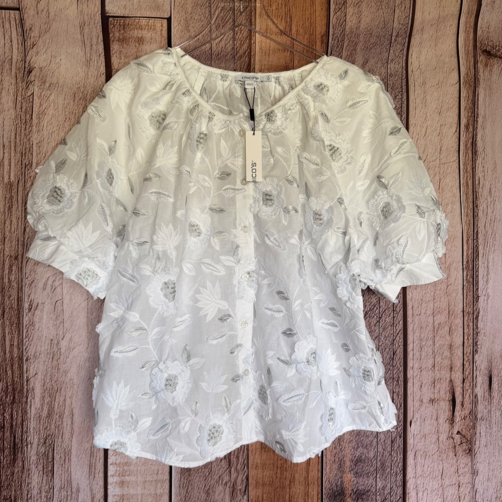Chicos Lurex Peasant Blouse Boho‎ Cottagecore 3D Floral Ivory Top Chicos Size 2